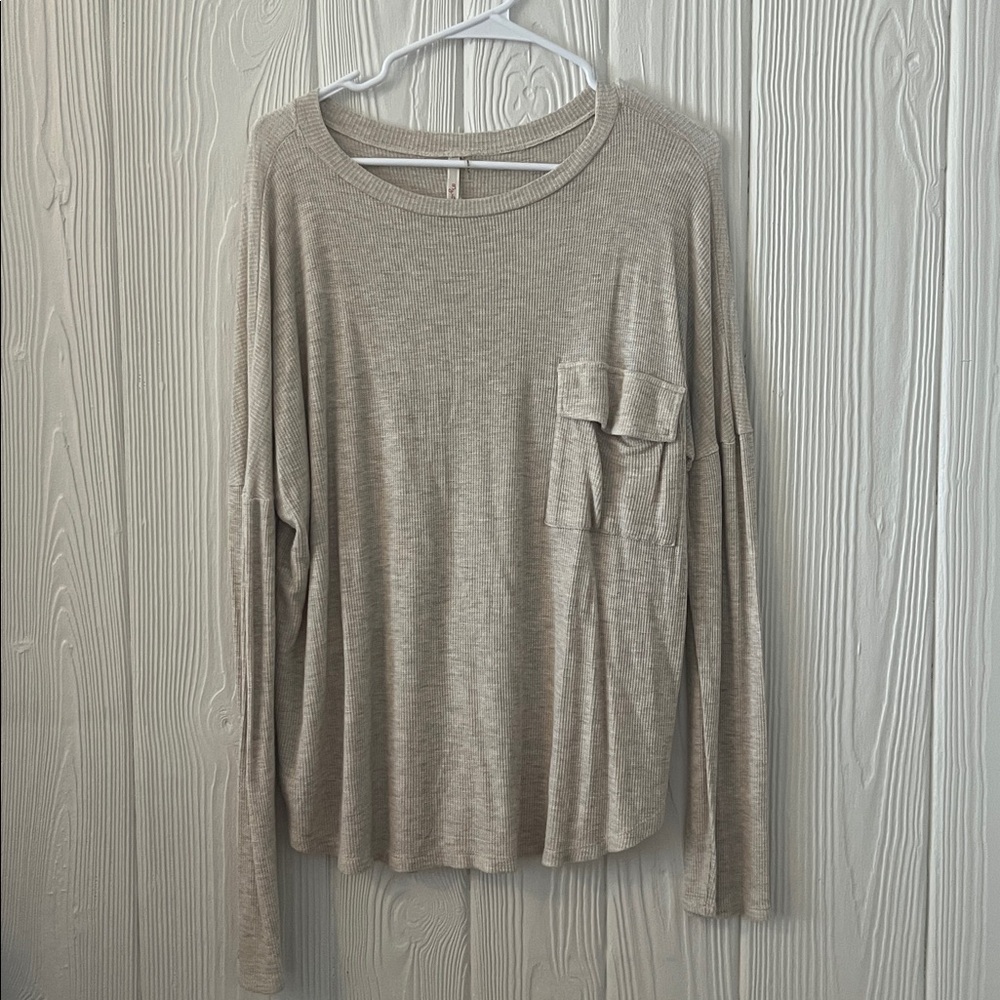 Beige Long Sleeve Top with Pocket